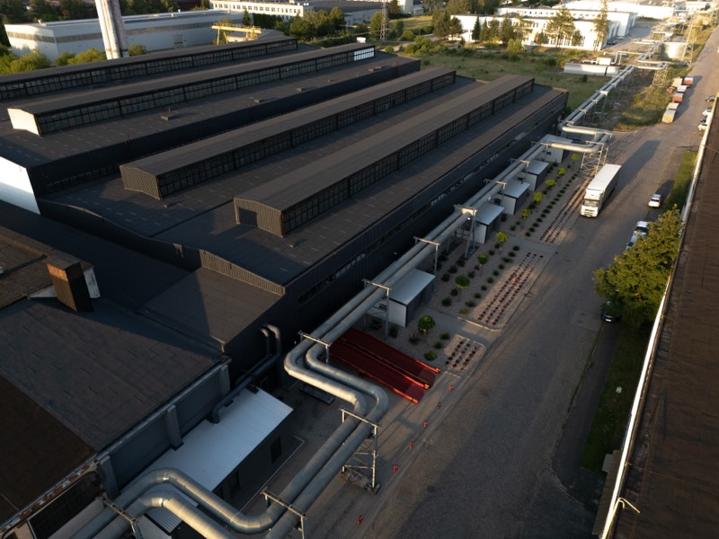 Dach hali, instalacje i droga wewnętrzna z lotu ptaka